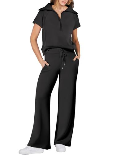 ANRABESS Women 2 Piece Outfits Sweatsuit Set 2024 Summer Half Zip Sweatshirt Wide Leg Sweatpant L... | Amazon (US)
