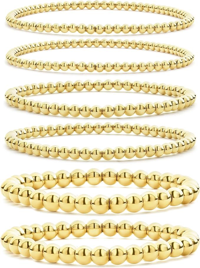 CONRAN KREMIX Gold Beaded Bracelet For Women Set 14K Gold Bead Stretch Bracelet Stack Trendy Gold... | Amazon (US)