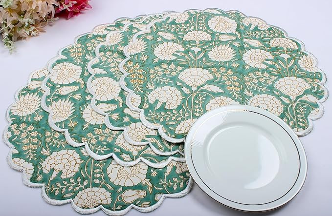 Ridhi Moss Green Round Placemat Double Layer Floral Cotton Washable Placemats 15" Round Embroider... | Amazon (US)