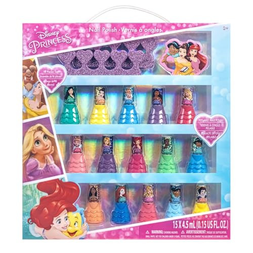 Disney Princess 15 Piece Water-Based Nail Polish with 3 Toe Spacers, Quick Dry, Peel Off, Gift Kit Set for Kids Girls, Ages 3 by Townley Girl | Amazon (US)