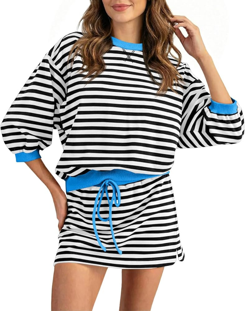 Wenrine Womens Striped 2 Piece Outfits Casual Sweatshirt Skirt Set 3/4 Sleeve Skort Workout Overs... | Amazon (US)