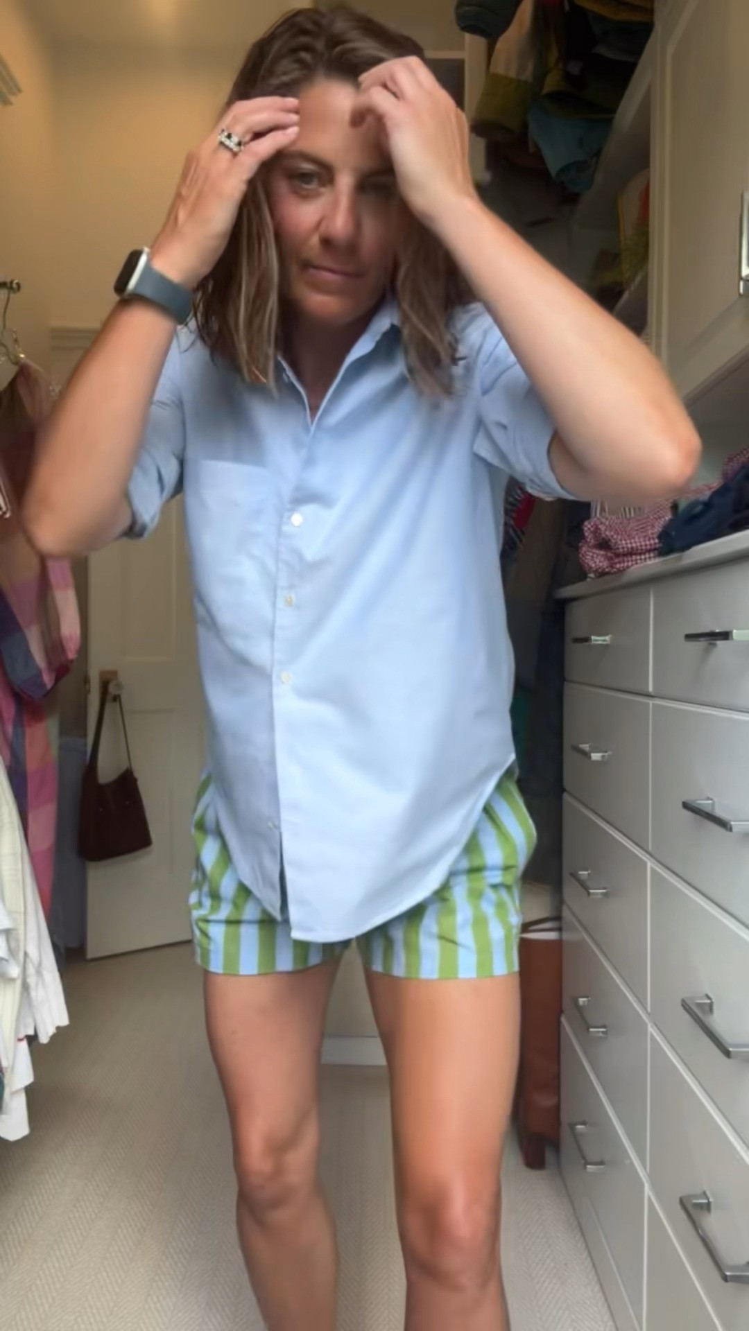 Work from home style that feels polished up top and perfectly relaxed everywhere else. This breezy blue button down paired with playful striped shorts is the kind of outfit that makes video calls look sharp while keeping all day comfort front and center. Easy, effortless, and ready for whatever the day brings.✨🤗😉

#WorkFromHomeOutfit #WFHStyle #BlueButtonDown #StripedShorts #CasualChic #EverydayStyle #ComfyFashion #HomeOfficeStyle #SummerOutfit 

 #LTKootd