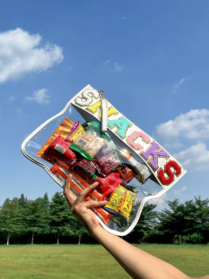Xuniuli Letter Patched Pvc Bag, Fashionable Snack Storage Bag, Zippered Transparent Travel Cosmet... | SHEIN
