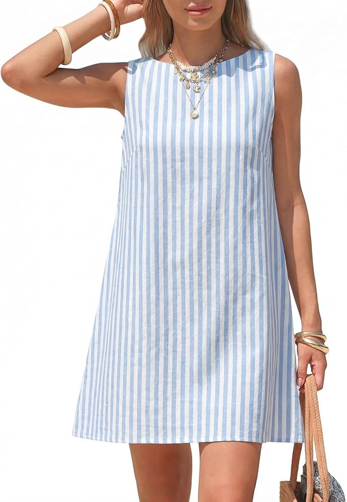 EXLURA Women Summer 100% Cotton Faux Linen Dresses Sleeveless Striped A-Line Mini Sundress Beach ... | Amazon (US)
