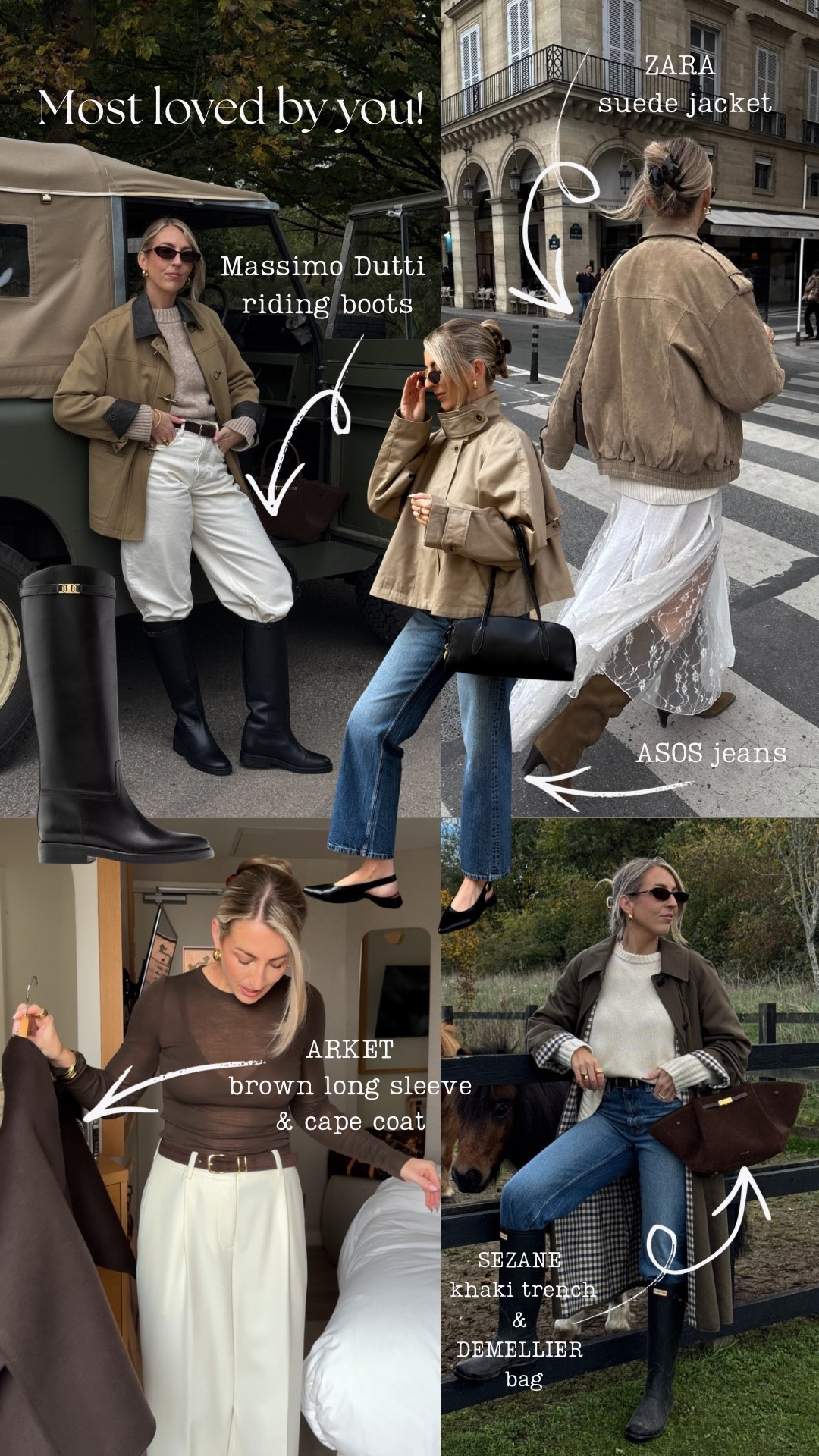 Most loved by you from October 🤎

Black riding boots, asos jeans, suede jacket, long sleeve top, Sezane trench coat, brown top, brown cape coat, short trench coat 

#LTKstyletip #LTKautumn #LTKjeans