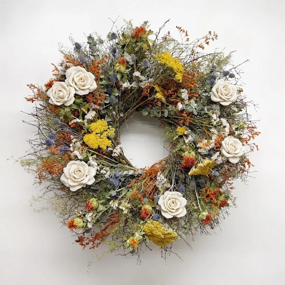 Celebrate the beauty of changing seasons with this Harvest Rose Wreath, designed with airy twigs, golden yarrow, safflower, coral caspia, eryngium, and soft baby eucalyptus. Delicate white paper roses and fragrant sweet annie add a romantic, garden-gathered feel that brings warmth and texture to any door or wall. This handcrafted wreath offers a timeless blend of wild meadow charm and seasonal elegance. #ltkhome #ltkstyle #wreathdecor #driedflowers #farmhousedecor #seasonaldecor #handmadehome #floraldesign

#LTKHome #LTKSeasonal
