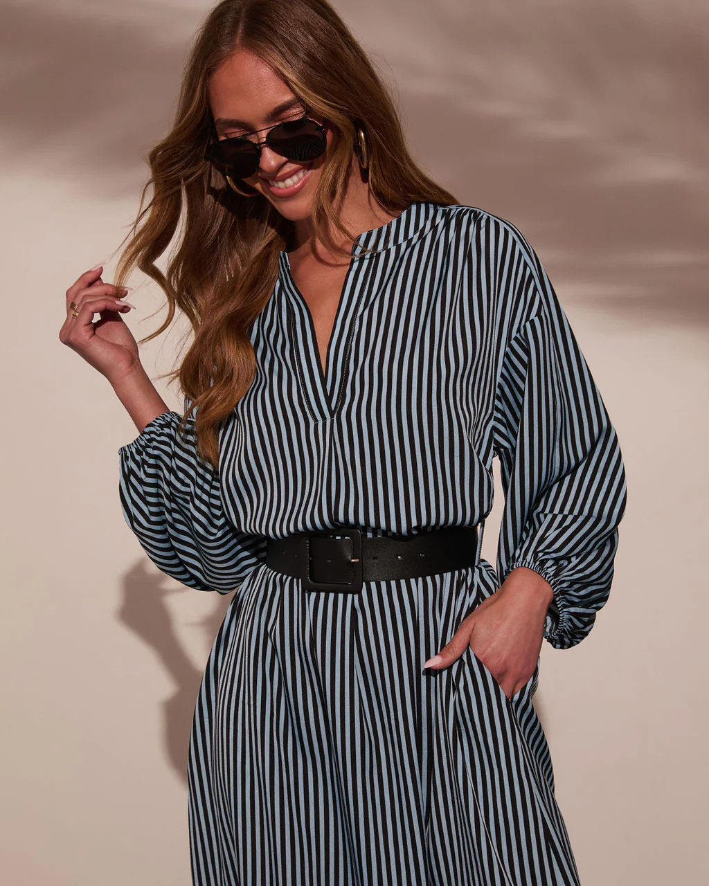 Dimarco Striped Pocketed Belted Midi Dress | VICI