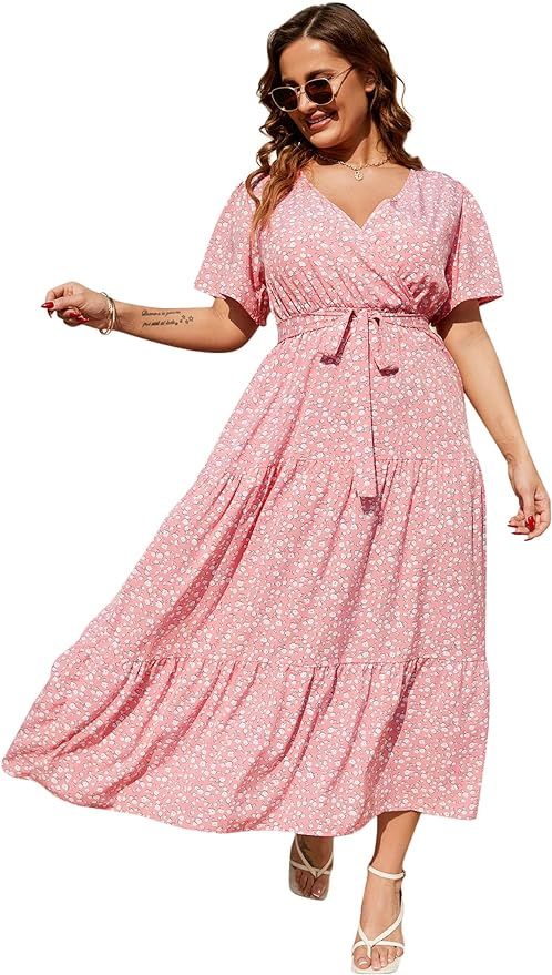 KOJOOIN Women Plus Size V Neck Wrap Maxi Dress Short Sleeves High Waist Ruffle Summer Casual Dres... | Amazon (US)