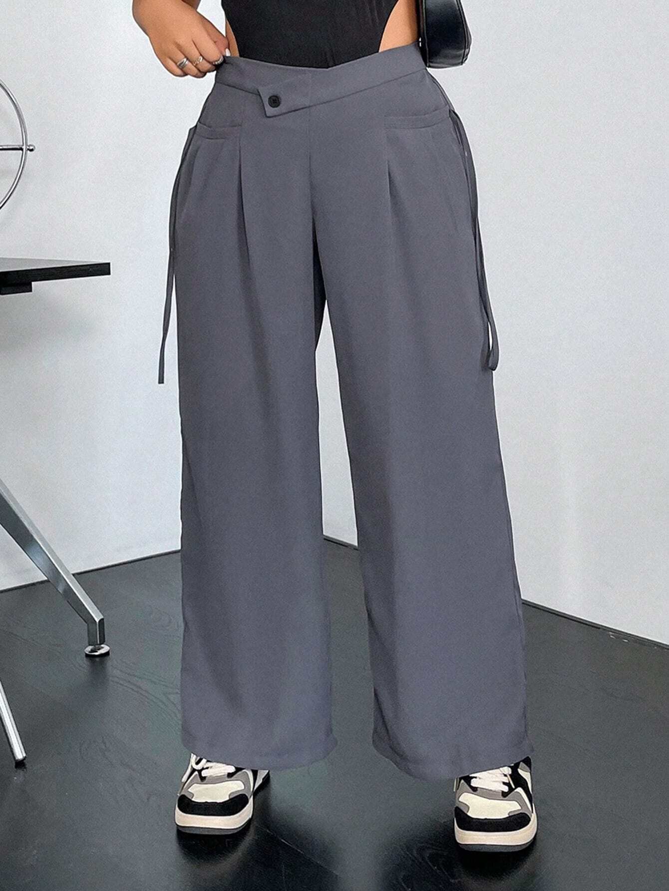 SHEIN EZwear Plus Asymmetrical Waistband Fold Pleated Detail Pants | SHEIN