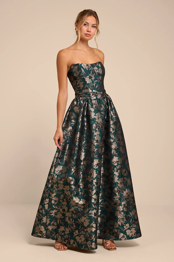 Bradshaw Emerald Green Floral Jacquard Maxi Dress | Lulus