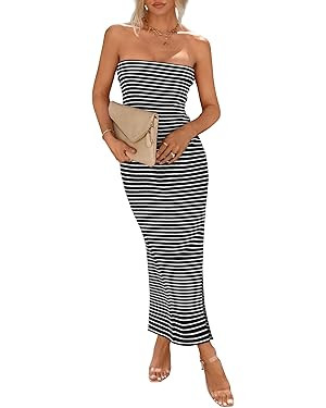 PRETTYGARDEN Women's Summer Bodycon Maxi Tube Dress Ribbed Strapless Side Slit Long Going Out Cas... | Amazon (US)