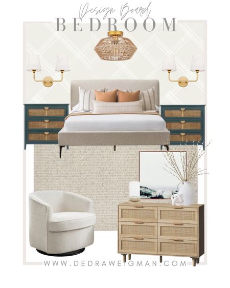 Bedroom design inspiration! Loving this upholstered bed and rattan nightstand and dresser! 

#bedroom #bedroomfurniture #dresser #bedroomdecor

#LTKhome #LTKFind