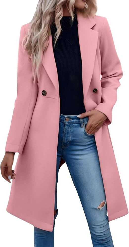 Women'S Winter Mid Long Pea Coats Notch Lapel Single-Breasted Long Sleeve Warm Wool Blend Overcoa... | Amazon (US)