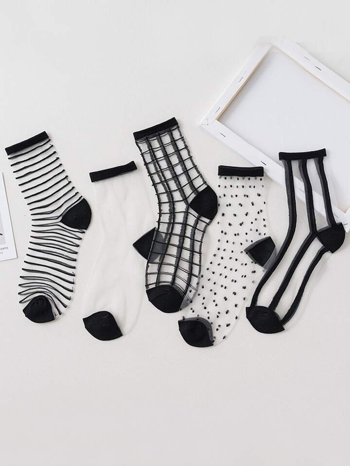 5pairs Clear Striped & Plaid Mesh Socks | SHEIN