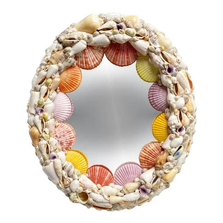 Oval Sea Shell Encrusted Wall Mirror in Pink, Purple and Yellow | Chairish