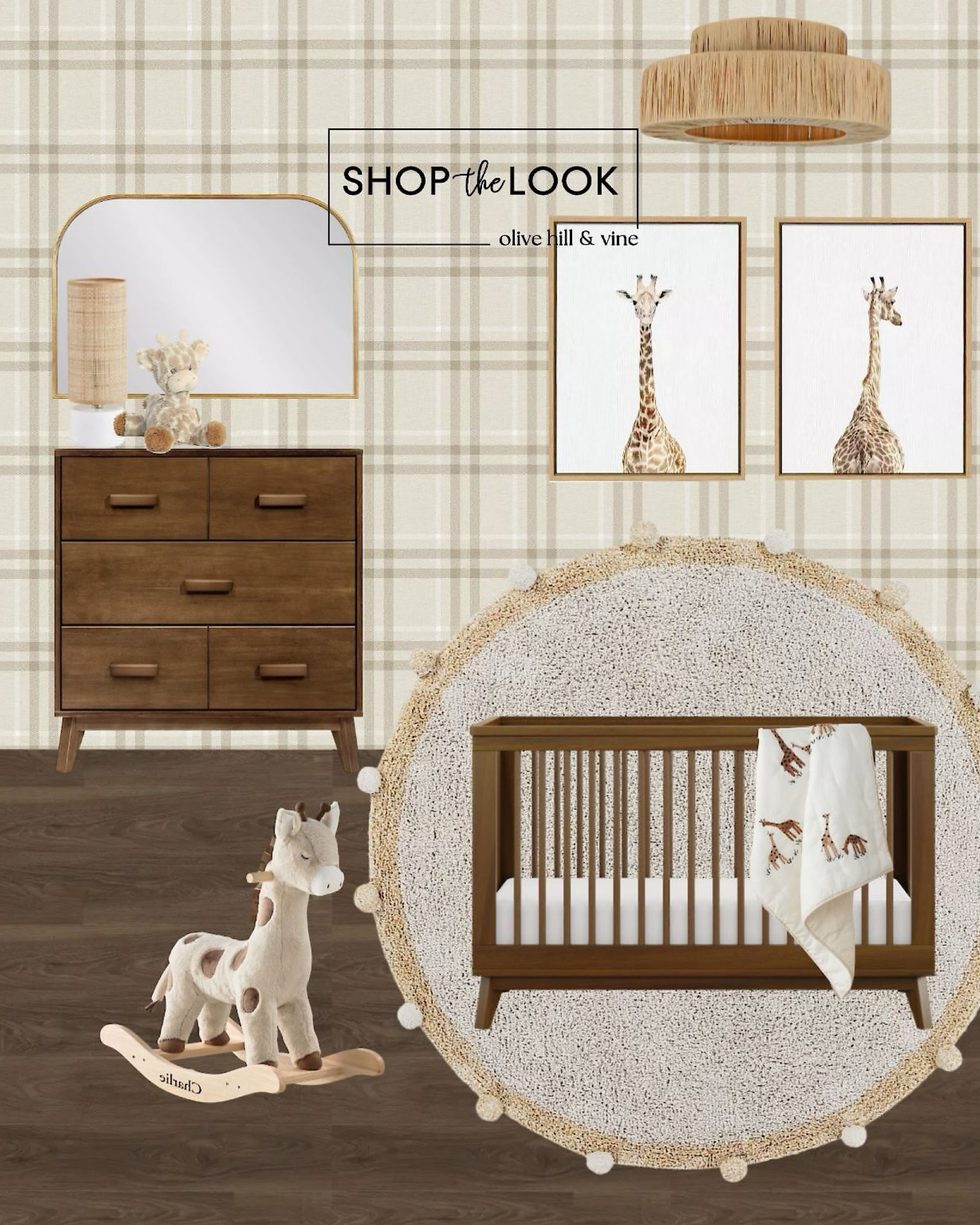 Step into the wild side of bedtime with our giraffe-themed nursery! Earthy browns and soothing beiges create a cozy safari, featuring a walnut brown convertible crib, giraffe rocker, plaid wallpaper, and a plush giraffe. It's a jungle out there—cuter than ever! 

#LTKBump #LTKBaby #LTKHome