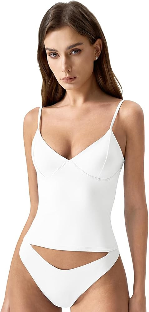 QINSEN Womens Double Lined Tank Tops V Neck Seamed Cup Adjustable Spaghetti Straps Bodycon Camiso... | Amazon (US)