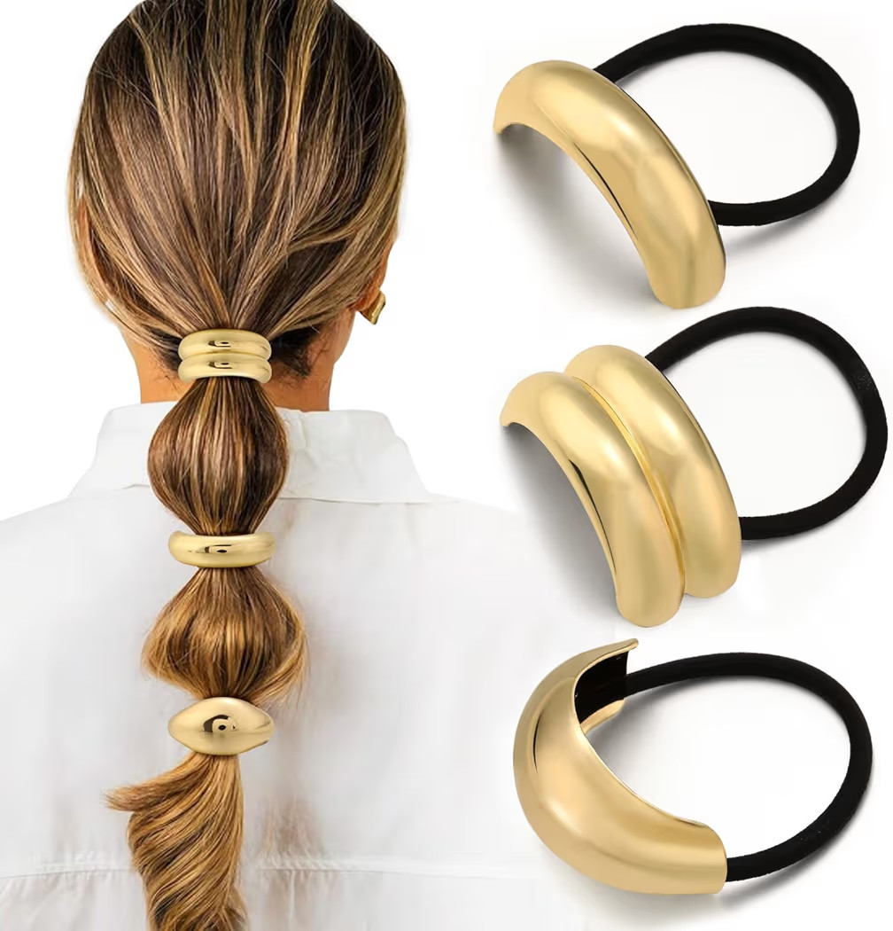 3PCS Gold Hair Ties, Metal Hair Ties for Thick Hair, Elegant Durable Geometric Design, Gold Hair ... | Amazon (US)