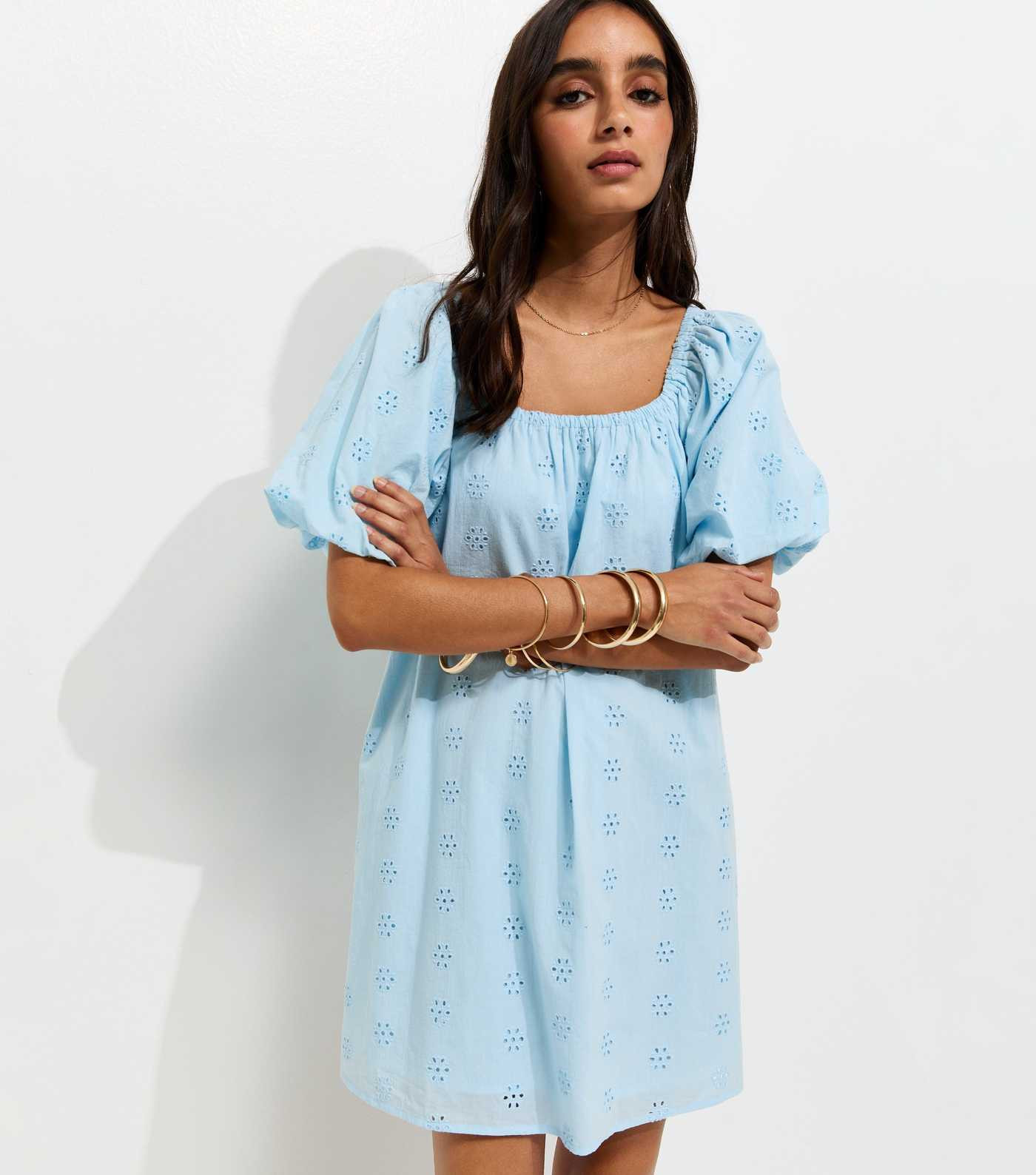 Light Blue Cotton Puff Sleeve Smock Mini Dress | New Look | New Look (UK)