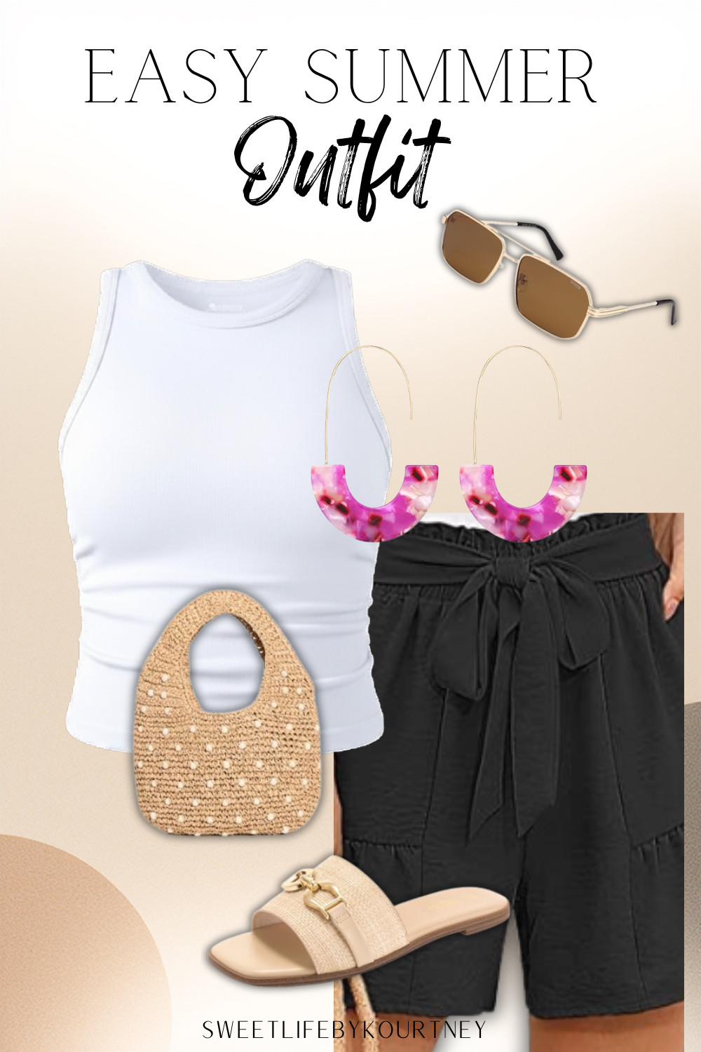 Easy summer outfit that still looks styled — white tank, black tie-waist shorts, neutral slides, straw bag, sunglasses, and a pop of pink with the earrings. Perfect for errands, vacation days, casual lunches, or anytime you want comfy but not boring.
#SweetLifeByKourtney #SummerOutfit #AmazonFinds #CasualStyle 

 #LTKgrwm #LTKootd #LTKSeasonal