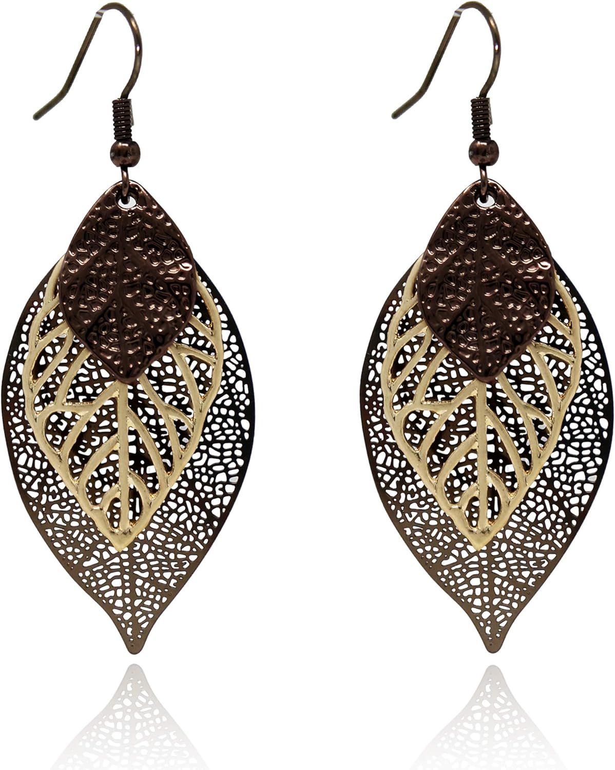 Pomina Choco Gold Fashion Fall Leaf Boho Earrings Gold Silver Two Tone Filigree Leaf Dangle Drop ... | Amazon (US)