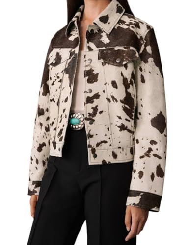 JOLILUNA Cow Print Jacket for Women Western Cowgirl Outfit Button Up Cropped Jacket Fall Aesthetic Streetwear (M,Medium) White and Brown | Amazon (US)