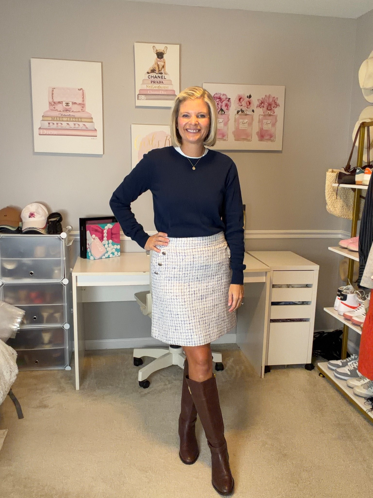 Navy blue sweater TTs
Tweed skirt TTS
Necklace from Made by Mary

#LTKgrwm #LTKMidsize #LTKWorkwear