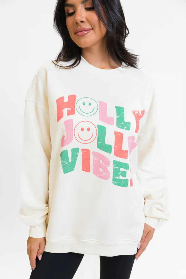 Holly Jolly Vibes Cream Oversized Graphic Sweatshirt DOORBUSTER | Pink Lily