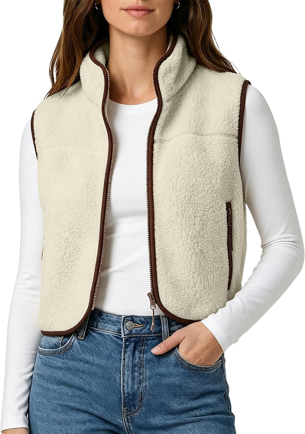 Cropped Fleece Vest Women Zip Up Stand Collar Warm Sherpa Vest Fall Cute Sleeveless Fleece Waistcoat with Pocket | Amazon (US)