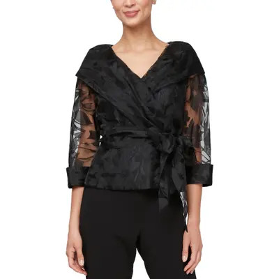 Alex Evenings Floral Tie Belt Illusion Three-Quarter Sleeve Top in Black at Nordstrom, Size X-Large | Nordstrom