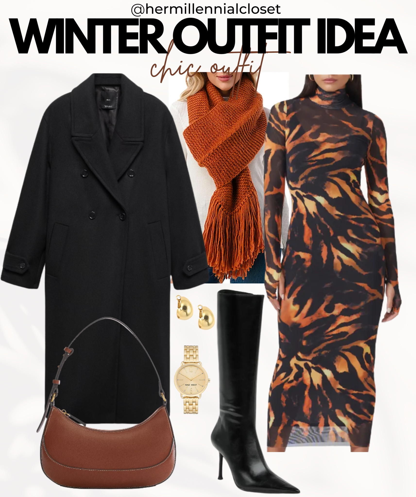 Chic Body con Dress Winter Fashion Outfit - Big Scarf Winter Fashion Outfit.

Black Woolen Coat, Black and Orange tie dye body-con dress, large orange scarf, black stiletto boots, brown bag & gold jewelry! 

#LTKstyletip #LTKshoecrush #LTKitbag