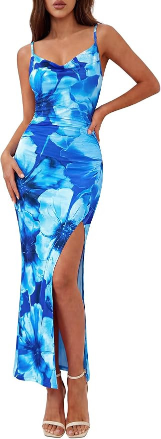 BTFBM Summer Dresses for Women 2026 Bodycon Spaghetti Strap Floral High Split Maxi Cocktail Weddi... | Amazon (US)
