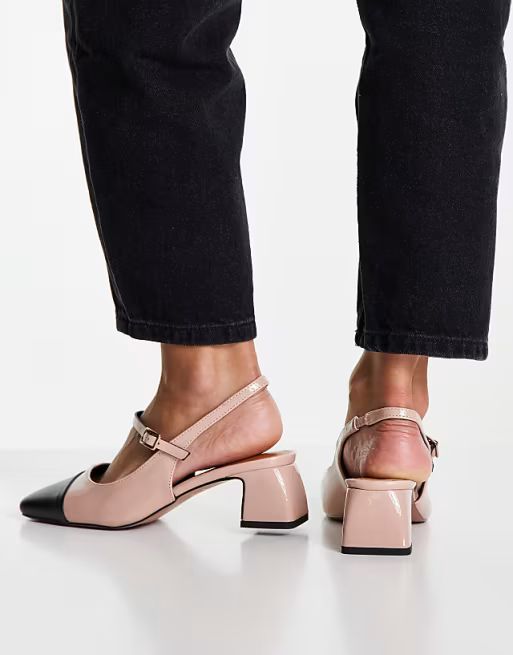 ASOS DESIGN Wide Fit Syon Mary Jane mid heel shoes in beige | ASOS (Global)