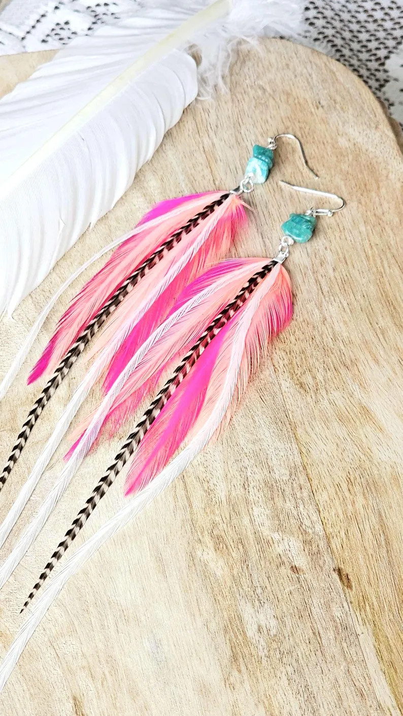 Turquoise and Coral Feather Earrings, Long Summer Earrings, Boho Jewelry - Etsy | Etsy (Global)