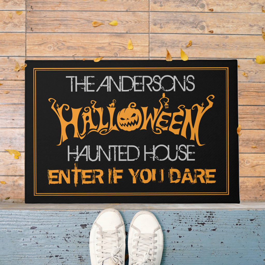 Halloween Custom Black Orange Haunted House Spooky Doormat | Zazzle