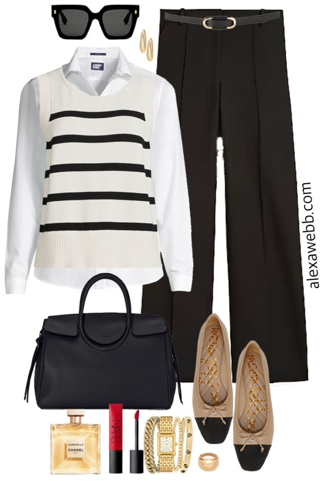 Plus Size Striped Sweater Vest Outfits - A plus size business casual outfit for winter into spring with a striped sweater vest, flare pants, and ballet flats. Alexa Webb #plussize

#LTKPlusSize #LTKStyleTip #LTKWorkwear