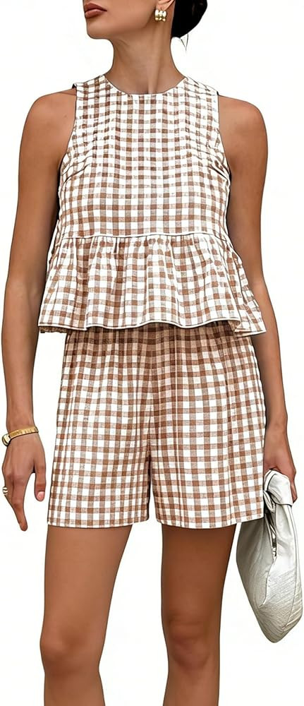 QIBABU Womens 2 Piece Outfits Summer Gingham Plaid Peplum Tank Tops High Waist Shorts Casual Cott... | Amazon (US)