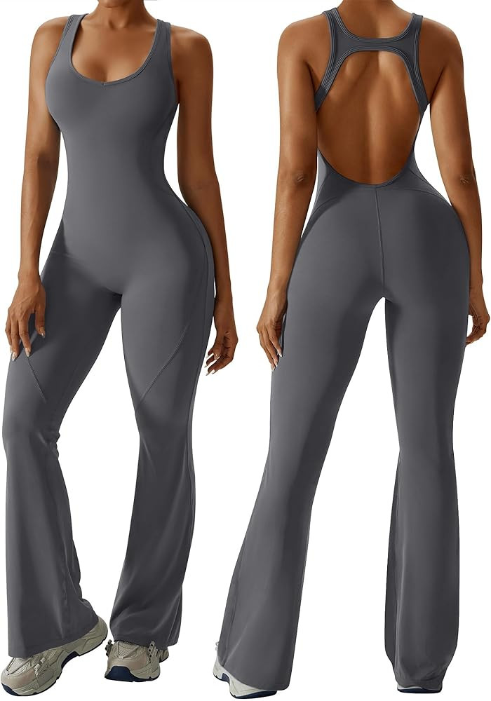 OEAK Womens Flare Jumpsuit with Bra Tummy Control Cutout Romper Workout Outfit Sleeveless Unitard... | Amazon (US)