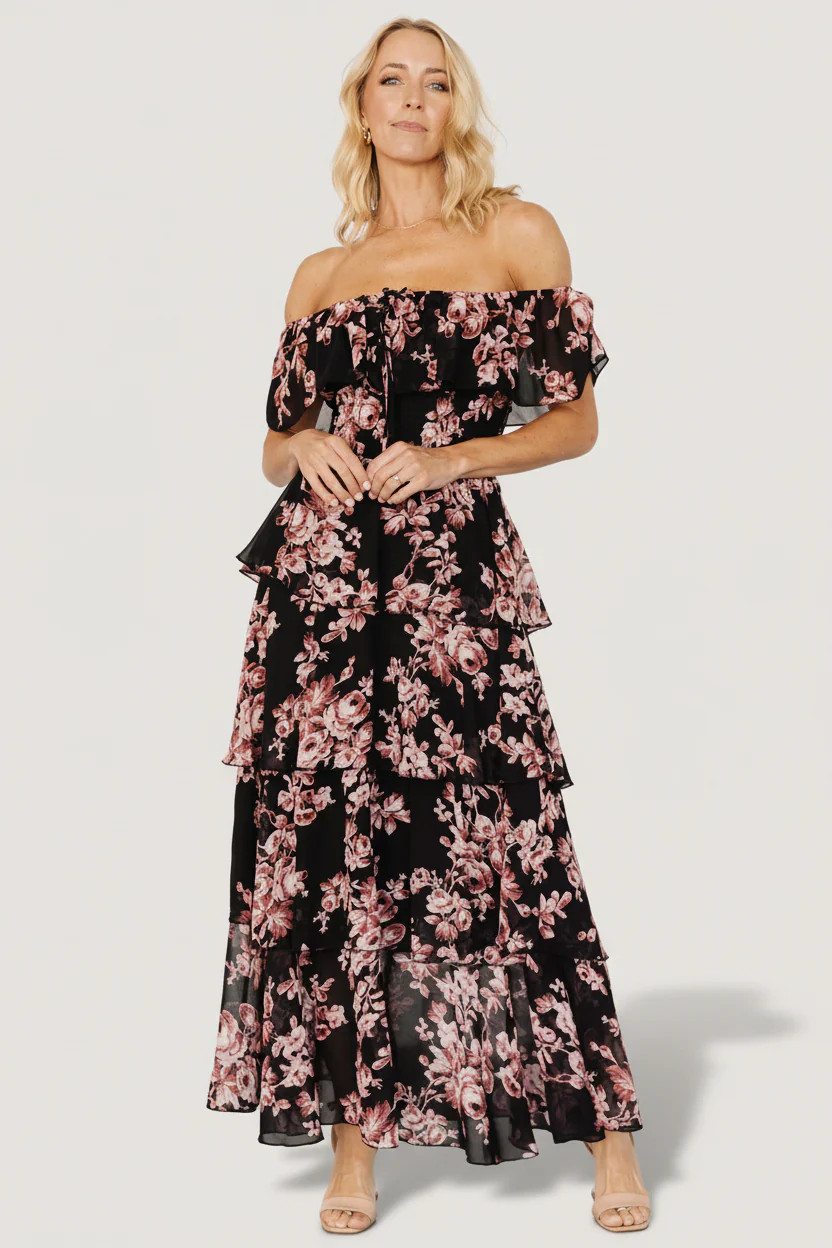 Carina Off Shoulder Maxi Dress \u2014 Black + Mauve | Baltic Born | Baltic Born