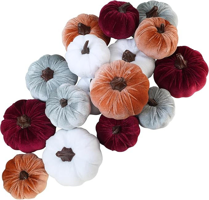 Winlyn 16 Pcs Assorted Fall Artificial Velvet Pumpkins Small Decorative Fabric Pumpkins Rustic Fo... | Amazon (US)