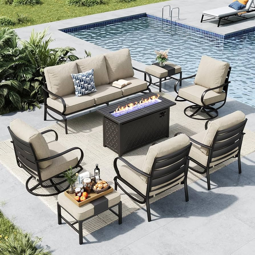 MFSTUDIO Patio Furniture Sets with 45" Gas Fire Pit Table, 8 Pieces Outdoor Metal Conversation Se... | Amazon (US)