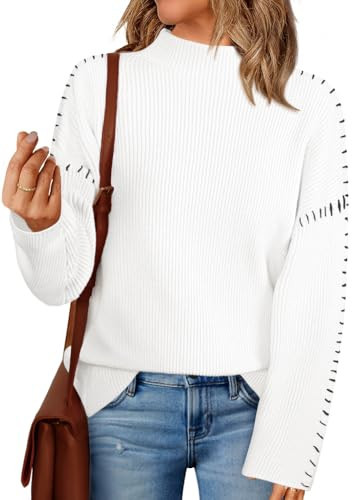 MEROKEETY Women's Mock Neck Long Sleeve Pullover Sweater Fall Casual Soft Ribbed Knit Jumper Tops, White, Medium | Amazon (US)