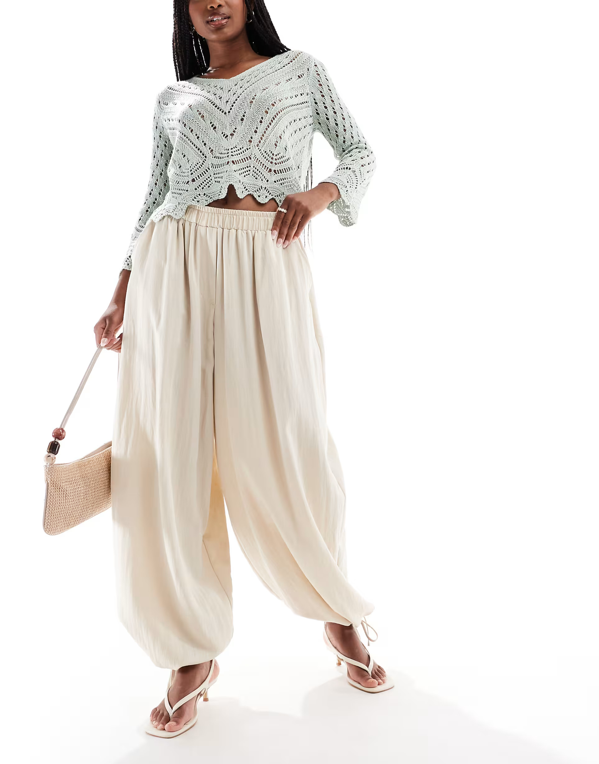 ASOS DESIGN soft textured oversized billow trousers with tie hem in buttermilk | ASOS | ASOS (Global)