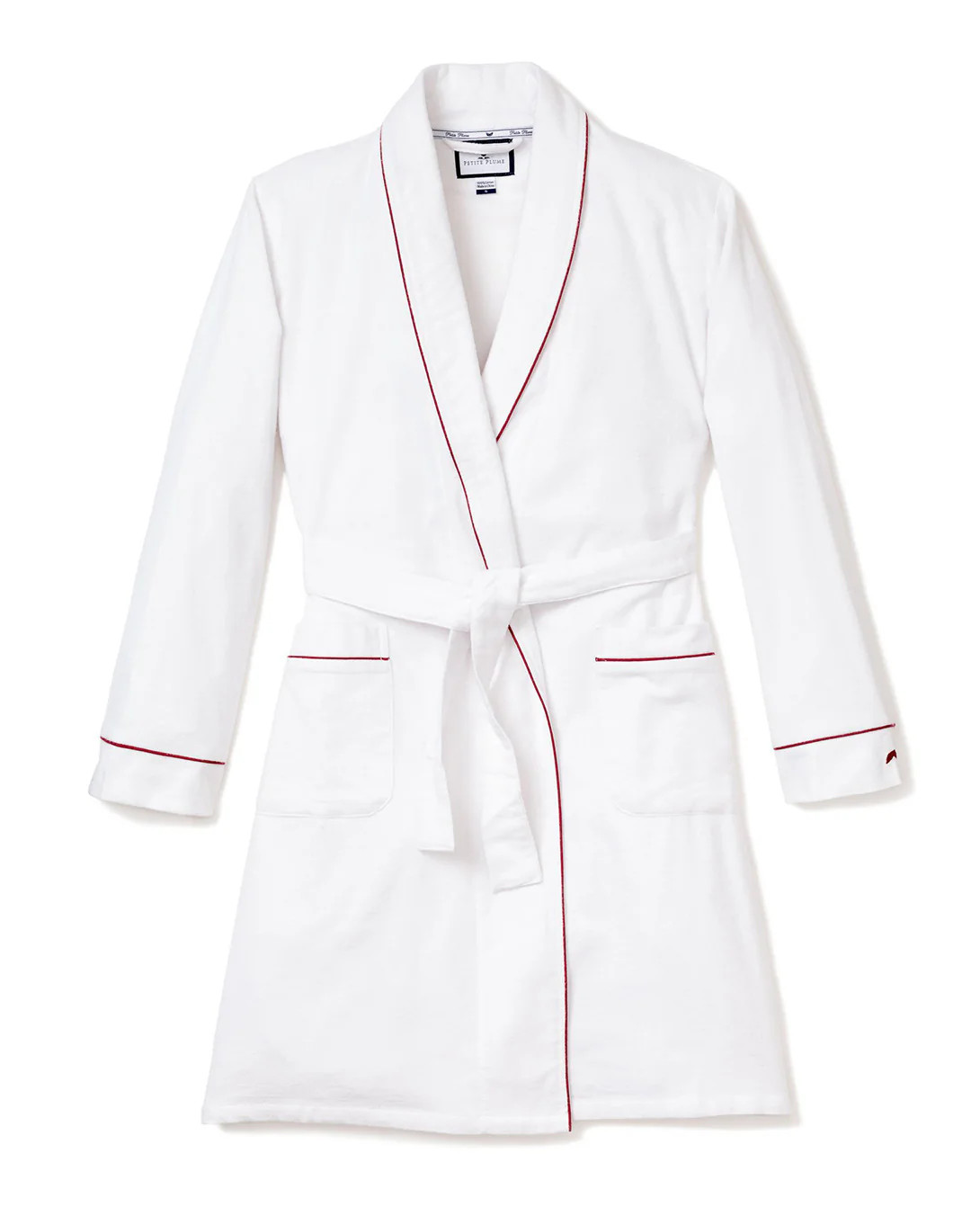 Women's Flannel Robe in White with Red Piping | Petite Plume