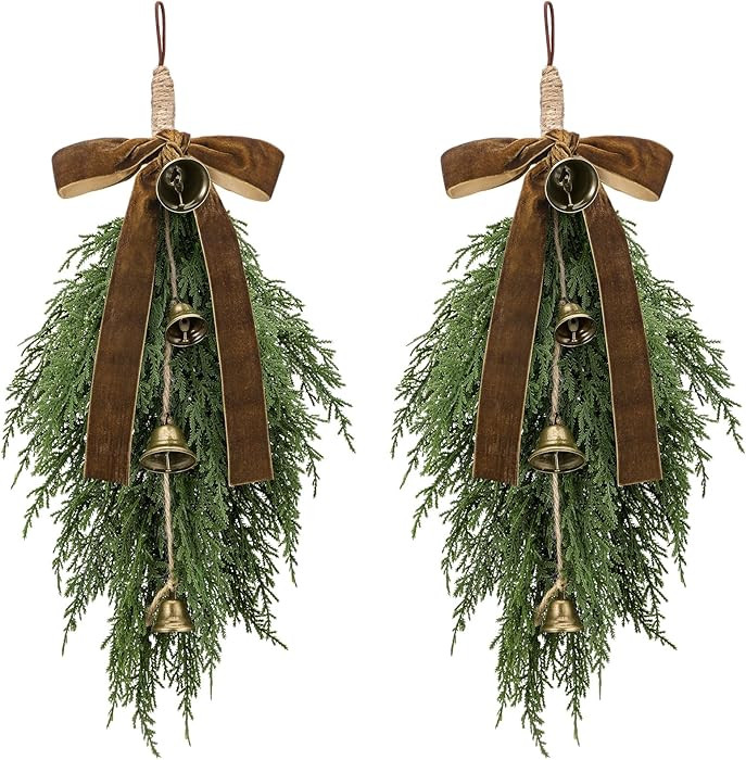 Shihanee 2 Pack Christmas Greenery Cedar Teardrop Swag with Velvet Ribbon Bow and Rustic Vintage ... | Amazon (US)