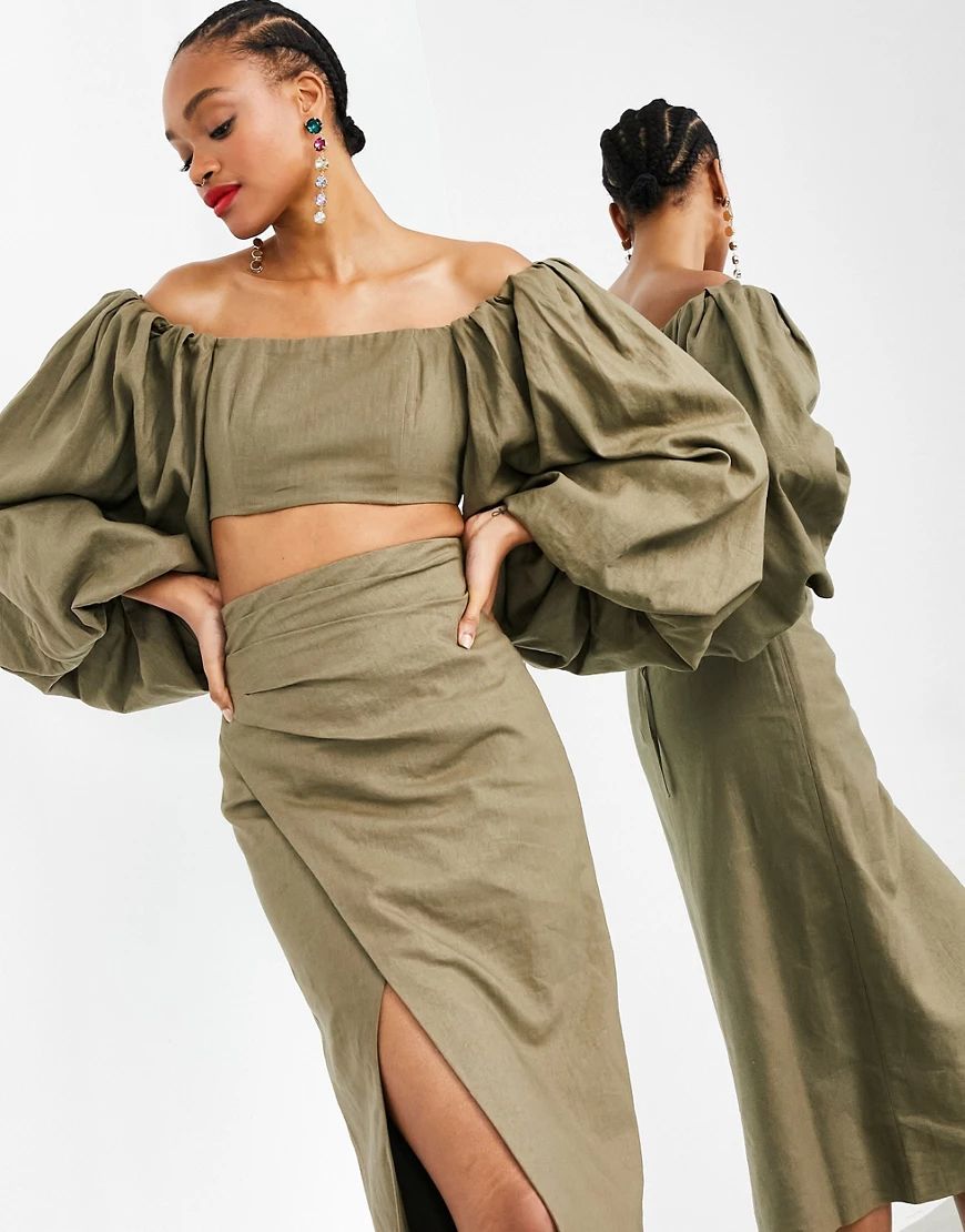 ASOS EDITION off shoulder crop top with exaggerated sleeve two-piece-Green | ASOS (Global)