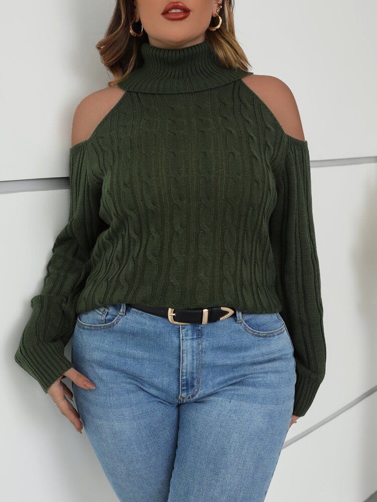 Plus Turtleneck Cold Shoulder Sweater | SHEIN
