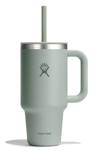 Hydro Flask Travel Tumbler with Handle, Lid and Straw - Insulated Stainless Steel in 32 Oz Tonal Agave Green | Amazon (US)