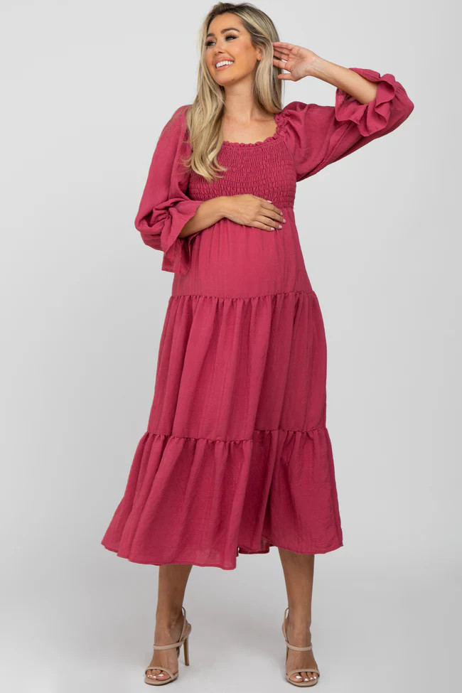 Magenta Square Ruffle Neck Smocked Maternity Midi Dress | PinkBlush Maternity