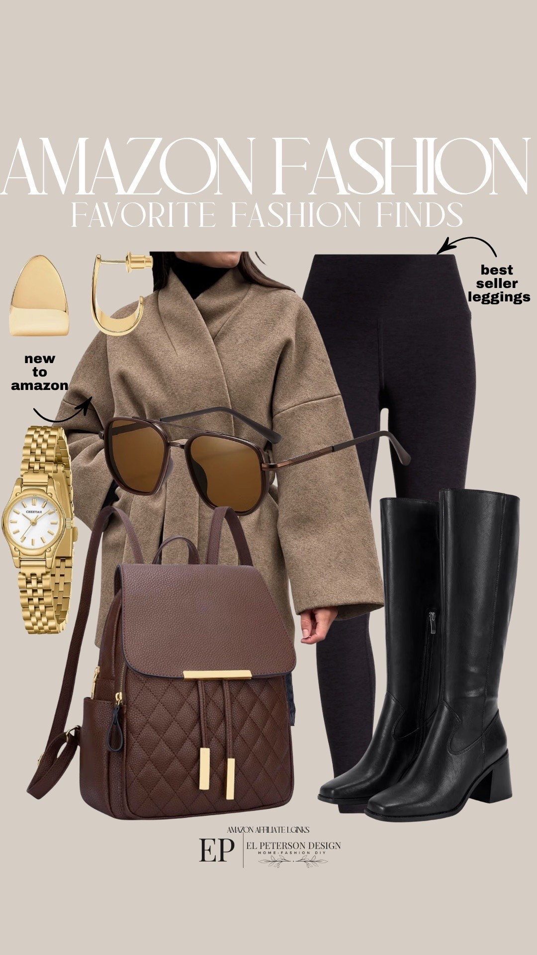 Amazon
Leggings
Knee high boots
Backpack
Watch
Sunglasses
Earrings